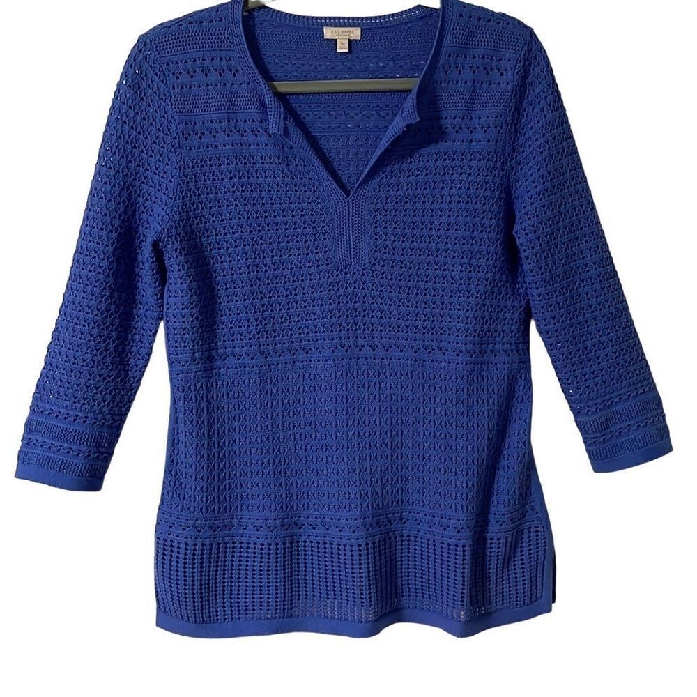Talbots blue 100% cotton open stitch sweater bracelet sleeves Small Petite